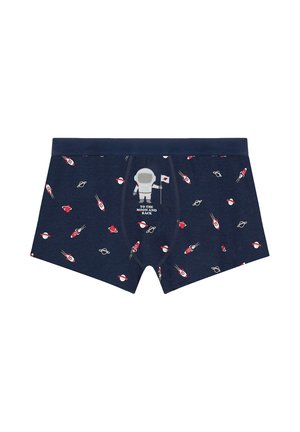 Boxer blu navy con razzi rossi e bianchi, pianeti e un astronauta che tiene una bandiera con la scritta "Fino alla luna e ritorno" al centro davanti.
