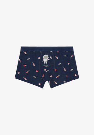 Boxer blu navy con razzi rossi e bianchi, pianeti e un astronauta che tiene una bandiera con la scritta "Fino alla luna e ritorno" al centro davanti.