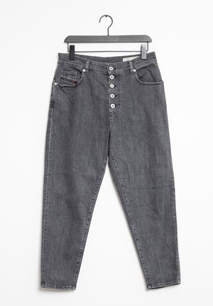 Šedé džíny z denimu s vysokým pasem, rovnými nohavicemi, pěti kapsami a zapínáním na knoflíky s pěti kovovými knoflíky.