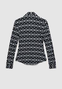 Schwarze Bluse mit langen Ärmeln und weißem Rautenmuster. Taillierter Schnitt mit Kragen und geknöpften Manschetten. Weiche Stofftextur.