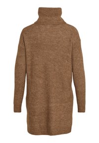 Maglione a collo alto marrone con un motivo a maglia testurizzato, maniche lunghe e una vestibilità ampia, dotato di un colletto alto e un orlo leggermente curvato.