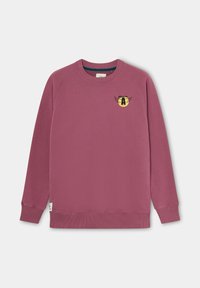 Sudadera rosa con puños y dobladillo acanalados. Presenta un pequeño logo gráfico en negro y amarillo en el pecho. Textura suave y corte regular.