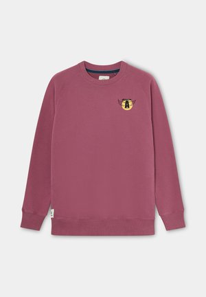 Sudadera rosa con puños y dobladillo acanalados. Presenta un pequeño logo gráfico en negro y amarillo en el pecho. Textura suave y corte regular.