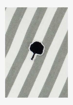 Tessuto di cotone con strisce grigie e bianche; presenta un piccolo logo di un albero nero con contorno bianco, posizionato centralmente.