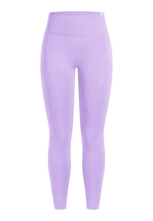 Hellviolette Leggings mit hohem Bund aus elastischem Stoff. Glatte Textur, eng anliegendes Design und dezentes Markenlogo nahe dem Bund.