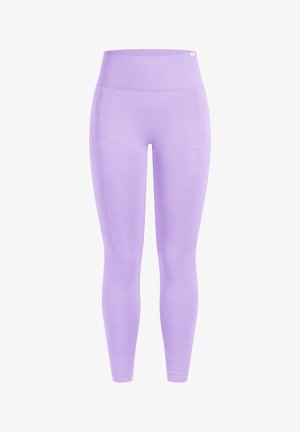 Hellviolette Leggings mit hohem Bund aus elastischem Stoff. Glatte Textur, eng anliegendes Design und dezentes Markenlogo nahe dem Bund.
