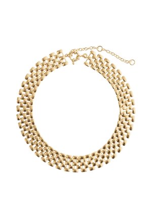 Collier chaîne en or à quatre rangs avec maillons rectangulaires et un fermoir ressort rond doté d'une chaîne d'extension réglable.