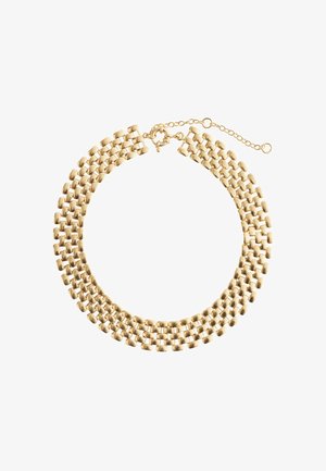 Collier chaîne en or à quatre rangs avec maillons rectangulaires et un fermoir ressort rond doté d'une chaîne d'extension réglable.