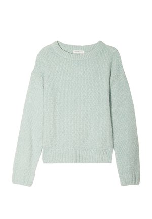 Pull bleu clair en tricot texturé avec un col rond et des manches longues, présentant des bords côtelés aux poignets et à l'ourlet.