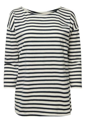 Gestreiftes Langarmoberteil in Creme und Marineblau mit weitem Bootsausschnitt und lässiger Passform. Glatter, leichter Stoff mit horizontalen Streifen.