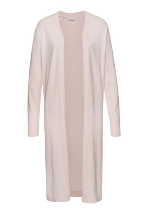 Cardigan long rose clair à ouverture devant, en maille, avec manches longues et poignets et ourlet côtelés.