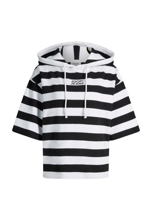 Czarna i biała bluza z krótkim rękawem w poziome paski, z przednim logo "JOOP! JEANS" i ściągaczem na sznurek.