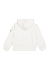 Felpa bianca con cappuccio, dalla vestibilità comoda, maniche lunghe e polsini a costine. Presenta un patch circolare con logo sulla manica sinistra. Texture morbida.