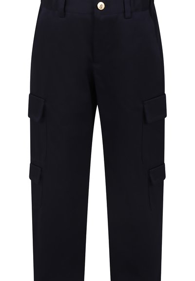 Marineblaue Cargo-Hosen aus strapazierfähigem Stoff, mit mehreren Seitentaschen, einem Knopfverschluss und einem geraden Bein.