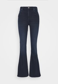 Mörkblå utsvängda jeans i denim, med hög midja, fem fickor och en knappstängning med subtil sömdetalj längs sömmarna.