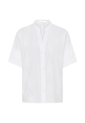 Weiße Bluse mit kurzen Ärmeln, feiner Blumenstickerei, Mandarin-Kragen und Knopfleiste vorne.