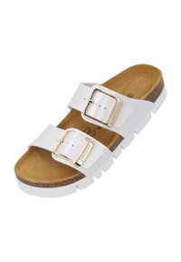 Vit slidesandal med två breda remmar, metalliska spännen, korkfotbädd och texturerad vit sula. Har en ljusbrun innerfoder.