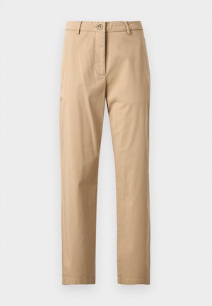 Pantaloni chino beige con una texture liscia, taglio dritto, vita con chiusura a bottone e tasche frontali. Design minimalista, senza motivi visibili.