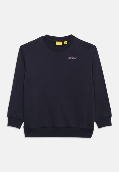 Μαύρο φούτερ με στρογγυλή λαιμόκοψη, ριμπ μανσέτες και τελείωμα, μικρό ροζ λογότυπο «Off-White» στο αριστερό στήθος και κίτρινη εσωτερική ετικέτα στον γιακά.