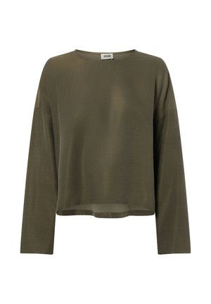 Haut manches longues vert olive en tissu léger. Doté d'un col rond et d'une coupe décontractée avec un ourlet raccourci. Design minimaliste.