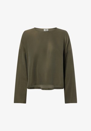 Haut manches longues vert olive en tissu léger. Doté d'un col rond et d'une coupe décontractée avec un ourlet raccourci. Design minimaliste.