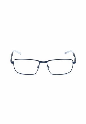 Montatura rettangolare nera in metallo per occhiali con lenti trasparenti e naselli regolabili, vista frontale su sfondo bianco.