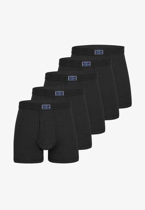 Lot de cinq boxers en coton noir, présentant une texture côtelée et une taille élastique avec une étiquette logo, conçus pour le confort et l'ajustement.
