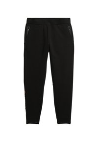 Zwarte joggingbroek met een taps toelopende pijp, elastische tailleband en ritszakken; voorzien van een subtiele logo-detail in oranje aan de zijkant.