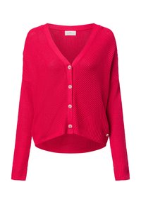 Felle roze gebreide cardigan met een V-hals, knoopsluiting en gedropte mouwen. Gestreept patroon met geribde accenten en een cropped zoom.