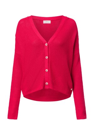 Helle pinke Strickjacke mit V-Ausschnitt, Knopfverschluss und Fallärmeln. Strukturiertes Muster mit gerippten Akzenten und cropped Saum.
