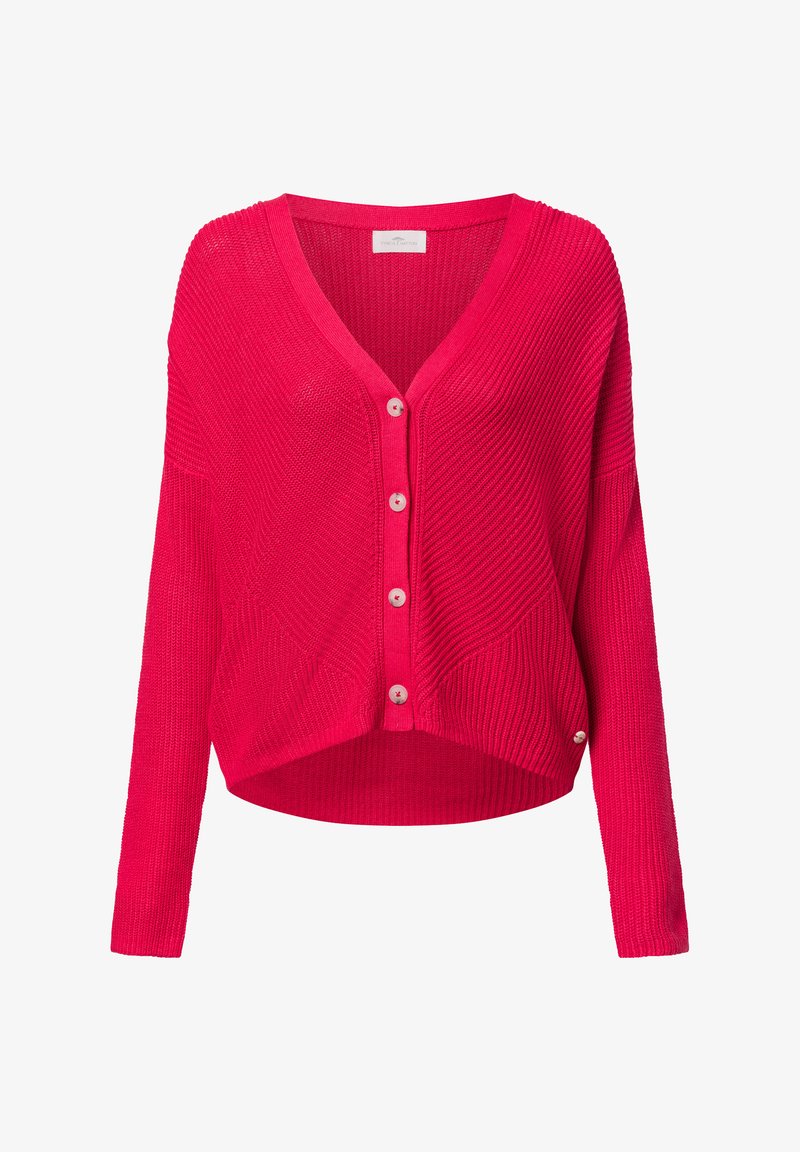 Felle roze gebreide cardigan met een V-hals, knoopsluiting en gedropte mouwen. Gestreept patroon met geribde accenten en een cropped zoom.