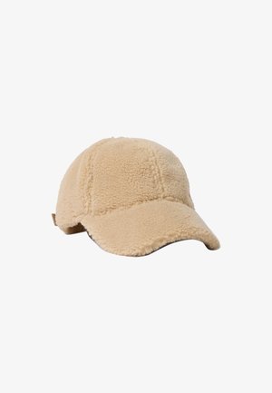 Beige Fleecepullover mit einem gebogenen Schirm und sichtbaren Nähdetails, entworfen für Wärme und lässigen Tragekomfort.