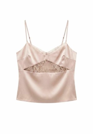 Top in raso rosa morbido con sottili spalline regolabili e pannello in pizzo lungo il petto per un look delicato ed elegante.