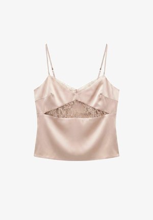 Top in raso rosa morbido con sottili spalline regolabili e pannello in pizzo lungo il petto per un look delicato ed elegante.