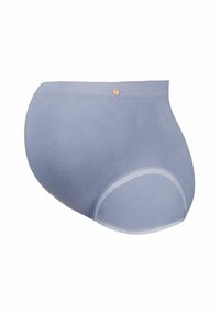 Lichtblauwe high-waisted onderbroek van rekbaar materiaal, met een gladde textuur en een contrasterende gaasdetail aan de achterkant.