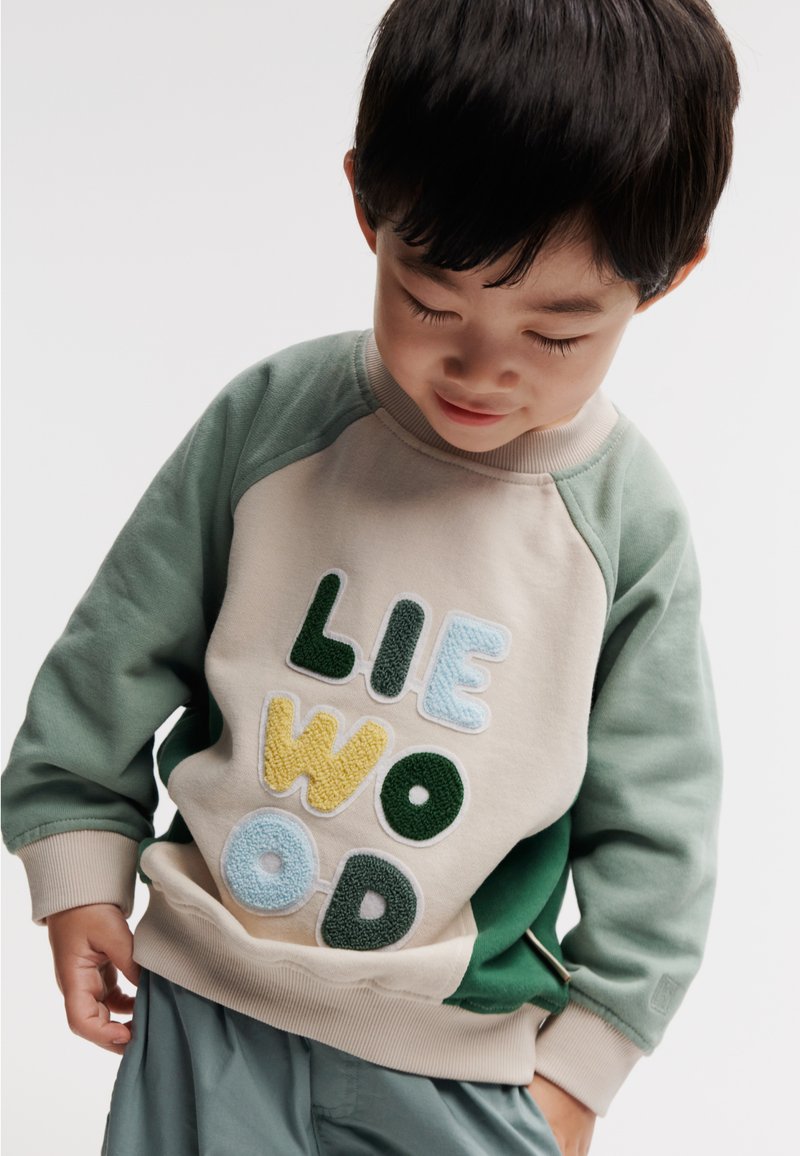 Flerfarget sweatshirt med "LIE WOOD" i teksturerte, broderte bokstaver. Raglanermer i grønn, beige kropp og ribbestrikkede mansjetter.