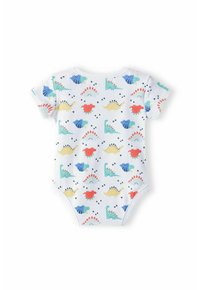 Bodysuit kratkih rukava od svijetloplavog materijala s šarenim uzorkom dinosaura, s naglascima crvene, zelene i žute boje.