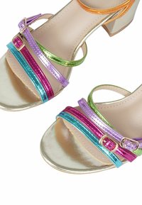 Sandali con tacco multicolori con una finitura metallica. Cinghie in rosa, viola, verde e blu, con fibbie regolabili e una suola dorata lucida.