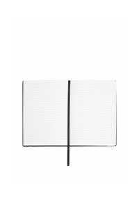 Carnet à lignes ouvertes avec un marque-page ruban noir centré entre les pages sur un fond blanc.