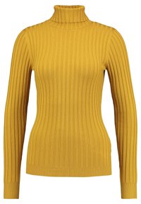 Senapsgul ribbad polotröja med långa ärmar och en figurnära design. Har en strukturerad stickning, rak fåll och hög hals.