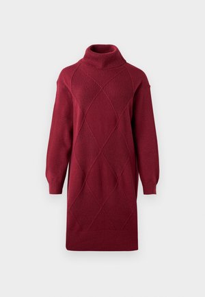 Burgunderfarbenes Strickkleid mit Rollkragen, langen Puffärmeln, diagonalen Ripp- und Diamantmustern, in lässigem Schnitt und mit einem Saum, der knapp über dem Knie endet.