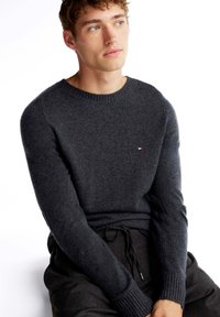 Maglione grigio scuro lavorato a maglia con scollo rotondo e polsini a coste, con un piccolo logo rosso e bianco sul petto.