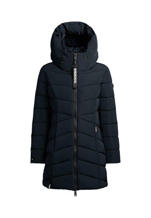 Daunenjacke, dunkelmarineblau, Zickzack-Steppdesign, hoher Kragen mit Kapuze, durchgehender Reißverschluss, seitliche Taschen, Akzentlabel am Hals.