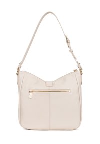 Beige nahkainen olkalaukku, jossa on rento muotoilu, varustettu vetoketjullisella etutaskulla ja säädettävällä hihnalla. Kultaista sävyä oleva varuste.