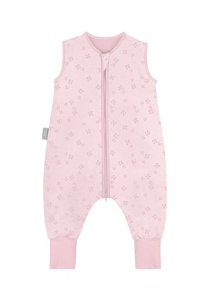 Ärmelloser rosa Babystrampler mit durchgehend kleinem Blumenmuster, frontaler Reißverschluss und umgeschlagenen Fußbündchen.