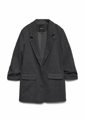 Blazer à carreaux gris avec un col cranté, deux poches avant et des manches amples. Fabriqué à partir d'un tissu texturé avec une doublure douce.