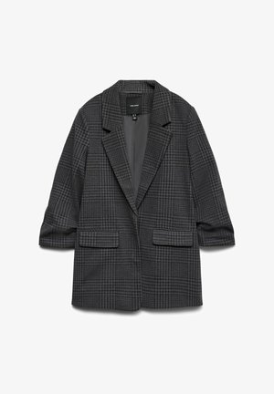 Grau karierter Blazer mit Reverskragen, zwei frontalen Taschen und lockeren Ärmeln. Hergestellt aus strukturiertem Stoff mit einem weichen Futter.