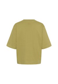 T-shirt kaki uni à manches courtes, vu de dos, avec un petit logo carré cousu près de l'encolure.