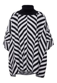 Poncho bianco e nero con un alto collo a imbuto, caratterizzato da un motivo a zig-zag. Realizzato in un tessuto morbido e testurizzato, con maniche ampie e una vestibilità ampia.