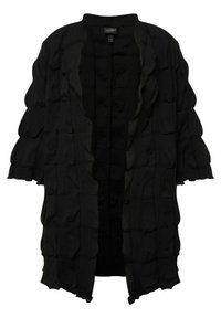 Black textured kimono-style cardigan with open front, short sleeves, and wavy edges; features a crinkled fabric with a boxy design.